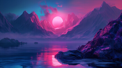 Retrowave mountain landscape with rising sun or moon.