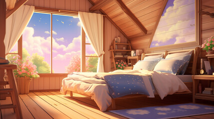 classic bedroom atmosphere of a cozy wooden house