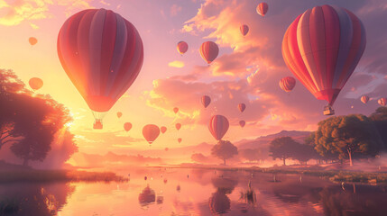 Naklejka premium Sunrise Balloon Festival: Colorful Balloons, Tranquil Landscape