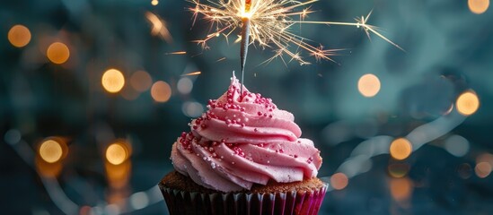 Pink cupcake topped with a sparkler