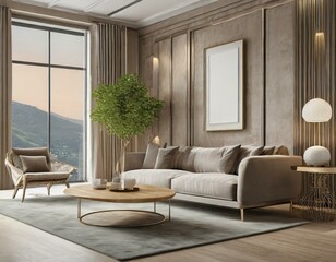 Luxury living room in warm colors. Brown beige walls, light gray lounge furniture -sofa, table. Empty background microcement for art. Rich interior design. Mockup room office reception. 3d, Ai Generat