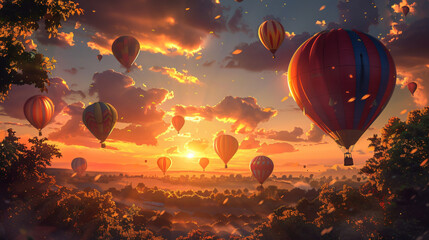 Obraz premium Sunrise Balloon Festival: Colorful Balloons, Tranquil Landscape