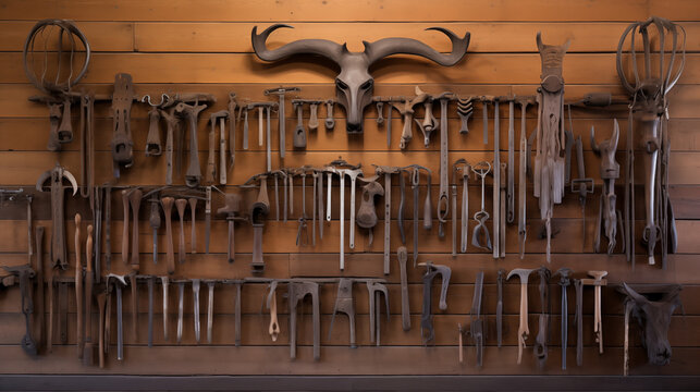 A collection of antique farm tools hanging on a wooden wall, framing the central typography space