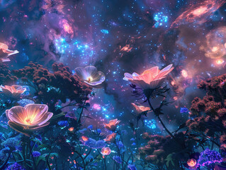 Mystic Space Garden Bioluminescent Flowers in Nebulas