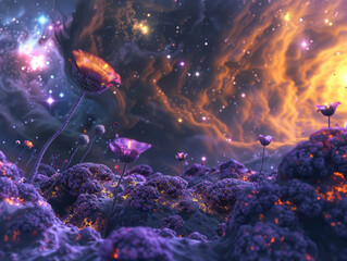Fototapeta na wymiar Cosmic Oasis 3D Rendering of Alien Flowers in Nebulas