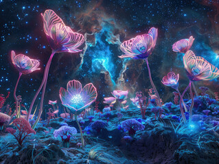 Cosmic Serenity 3D Rendering of Alien Flowers in Nebulas