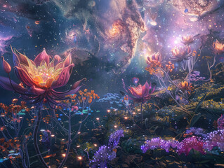 Fototapeta na wymiar Alien Flora Bioluminescent Flowers in Nebulas and Stars
