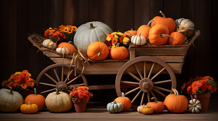 A rustic wooden wheelbarrow filled with autumn pumpkins, with pumpkins arranged around the typography area - Powered by Adobe
