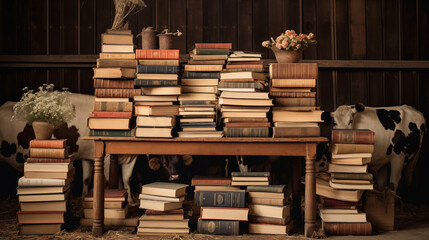 A stack of antique farming books with an open space at the center, inviting typography placement