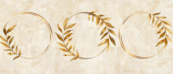 a three gold wreaths on a beige background with a white background