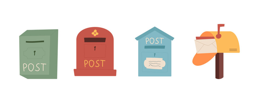 Creative style cartoon mailbox with letter set illustration, handmade envelope in post box vector collection, colorful design postbox bundle with paper mail, correspondence and documents delivery.