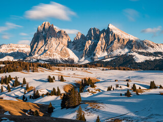 Winter landscape in Alpe di Siusi, Dolomites, Italy. - obrazy, fototapety, plakaty