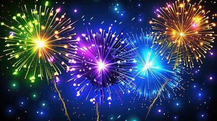 Colorful fireworks display with three different colored fireworks