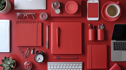 A desk with a laptop, tablet, smartphone, notebooks, pens, and other office supplies in various shades of red.