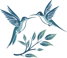 A digital illustration capturing a hummingbird mid-flight, its wings spread wide, hovering over a sprig of lush green leaves.
