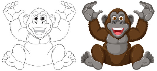 Two monkeys, one colored and one line art.