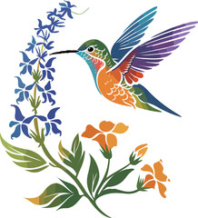 A digital illustration capturing a hummingbird mid-flight, its wings spread wide, hovering over a sprig of lush green leaves.
