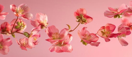 Fresh quince blossoms, lovely pink flowers floating in the air against a pink backdrop. Captured in a high-resolution image, these spring flowers convey a sense of zero gravity or levitation.