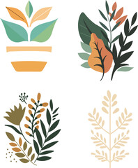 A quartet of minimalist botanical illustrations in muted greens, yellows, and oranges, each artfully arranged in simple yet stylish pots, embodying modern home elegance.
