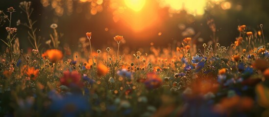 The sun sets in the meadow of flowers. - obrazy, fototapety, plakaty