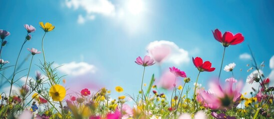 Fototapeta premium Field of spring flowers under a bright blue sky and sunshine.