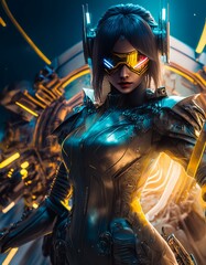 サイバーパンクな世界でメタリックスーツを着込む女性01