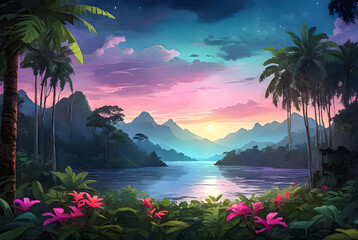 Envision the magical beauty of twilight in the tropical rainforest, with the fading light casting an ethereal glow on the vibrant foliage and exotic wildlife of forest vector art illustration image
