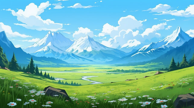 landscape in the morning acrylic painting in cartoon illustration style