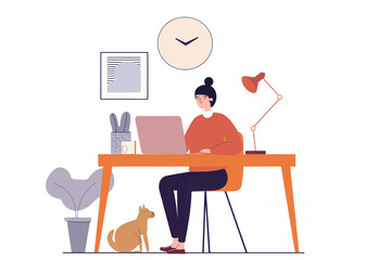 Home Office Setup with Woman Working and Pet Dog