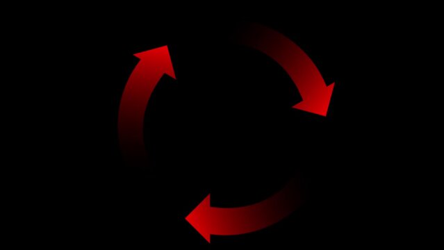 Recycling symbol or rotating cycle on black screen. Three red arrows rotate on the black screen. Rotating arrows animation