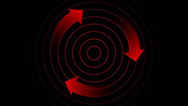 Recycling symbol or rotating cycle with radio waves on black screen. Three red arrows rotate on the black screen. Rotating arrows animation