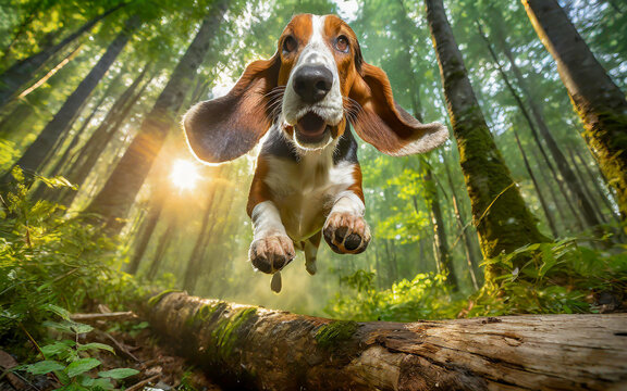 a Basset hound jumps at full speed over a tree trunk in the forest, AI generated
