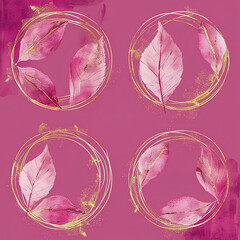 a close up of four circular frames with pink leaves on a pink background