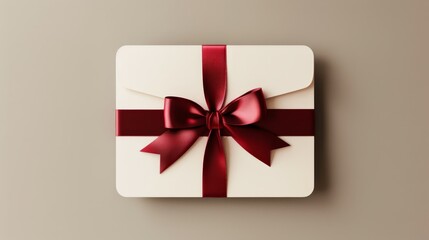   A white gift box, adorned with a red ribbon and a bow, sits against a beige background