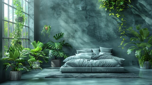   A bed sits in a bedroom next to a window Potted plants flank the sides of the window One more potted plant is placed on the opposite side of the bed