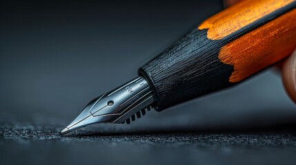   A tight shot of a fountain pen with an ornamented tip displaying black and orange stripes
