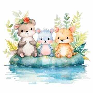 Magical gathering of forest animals enjoying a pool party with colorful floaties, depicted in an enchanting cute watercolor style on a white background.