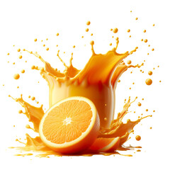 Cup of orange juice splash on white background simple with drops in high resolution realistic image isolated PNG