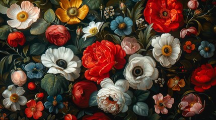   A painting of red, white, and blue flowers against a black background, adorned with green leaves and buds Flowers depicted include red, white, yellow, and blue varieties