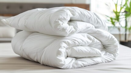   A white comforter-covered bed, unfilled, features a corner bamboo plant