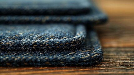   A tight shot of blue jeans on wood, bottom half slightly blurred - obrazy, fototapety, plakaty