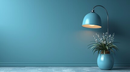   A blue vase with a plant inside, positioned at the corner of a room A table lamp rests against the wall beside it