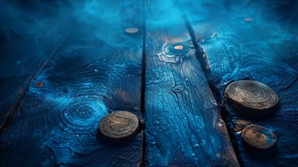   A tight shot of a wooden surface bearing water droplets and scattered coins atop it