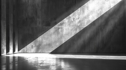   A monochrome image of a concrete wall, featuring a lengthy shadow cast by incoming light from its opposing side