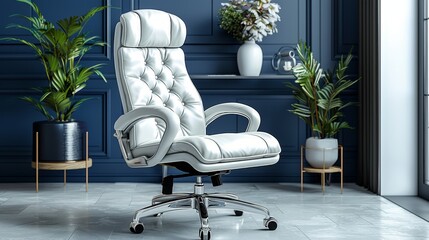  A white office chair situated in a room adorned with blue walls, accompanied by a potted plant beside it ( - obrazy, fototapety, plakaty
