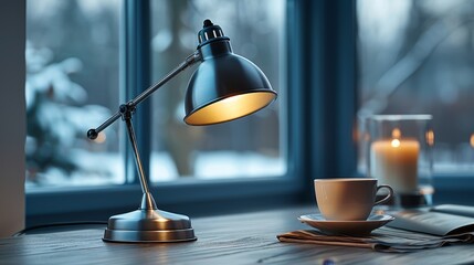   A desk lamp atop a wooden table, beside a cup of coffee and a newspaper - obrazy, fototapety, plakaty