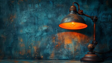   A lamp atop a wooden table, near a blue wall with a bird painting