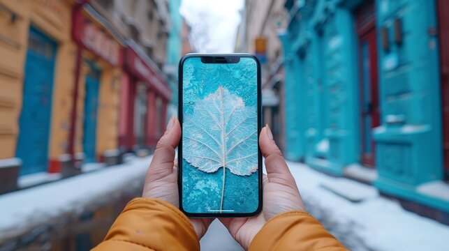   A person stands in a snowy street, holding a cell phone displaying a leaf image amidst surrounding buildings