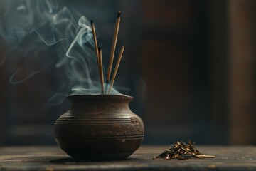   A tight shot of a pot on a table, filled with sticks emerging from its top - obrazy, fototapety, plakaty