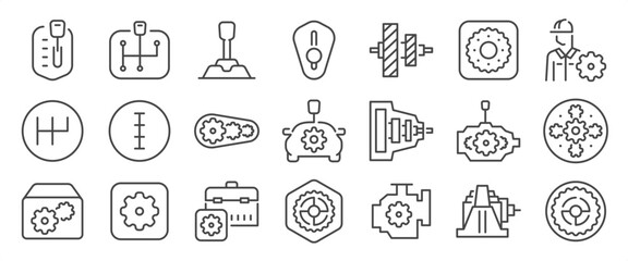 Gearbox icon set. It includes process, gear, gears, manual transmission, automatic, transmission shaft, case,  and more icons. Editable Vector Stroke.